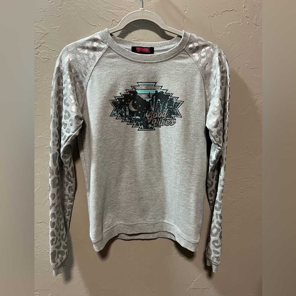 Rock & Roll Cowgirl Gray Sweatshirt with Leopard Sleeves